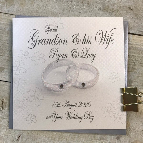 Grandson and his wife - Personalised  wedding Cards with glittery Rings design - Son, Daughter, sister, brother, granddaughter, grandson