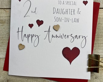 1 2 3 4 5 6 7 8 9 10 15 20 25 30 Daughter & Son in law or Son and Daughter in law Handmade Anniversary Card - red / wooden Hearts