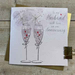 Husband Anniversary Handmade Card  - special, bespoke, amazing, the best husband - champs flutes, hearts