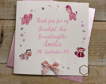 Personalised new grandchild Card- Thank you for MY, OUR, granddaughter, grandson animals, feet
