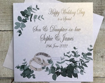 Personalised Son Daughter Wedding Card Rings eucalyptus leaves  -granddaughter, grandson, sister, brother, goddaughter, godson