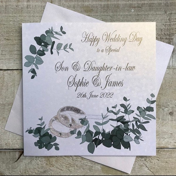 Personnalisé fils fille mariage carte anneaux feuilles d'eucalyptus-petite-fille, petit-fils, soeur, frère, filleule, filleul