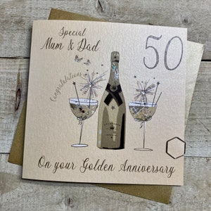 mamma e papà - Biglietto d'oro fatto a mano per il 50° anniversario con design a cuore glitterato o bicchieri da champagne Nonni, moglie, marito