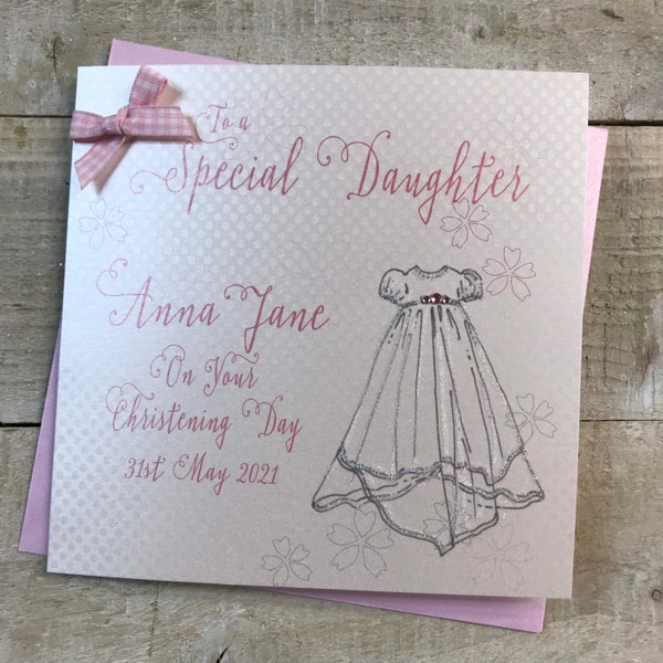 Personalised Special Daughter Christening Card - Pink Gown Design - Handmade baptism card for daughter, granddaughter, niece, goddaughter
