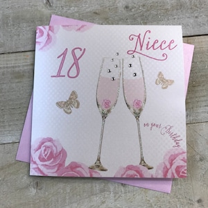 Handgemaakte verjaardagskaart nichtje - 16, 18, 21, 30, 40, 50, 60 jaar - roze champagne en rozen / flamingo