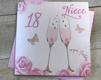 Tarjeta de cumpleaños hecha a mano para sobrina - 16, 18, 21, 30, 40, 50, 60 años - champán rosado y rosas / Flamenco