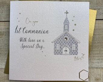 1st First Communion Handmade Card - Silver Church or wooden stars for son, daughter, grandson, godson, granddaughter, goddaughter, niece