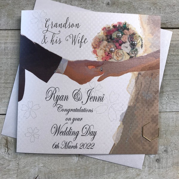 Personalised Grandson, Granddaughter, Sister, Brother, Niece, Nephew, Cousin Wedding Card - Hands & Bouquet Design- special wedding card