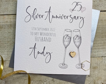 Personalised 25th Silver Anniversary Card - Flutes Design special friends, mum & dad, grandparents, nan, nana, granny, grandma