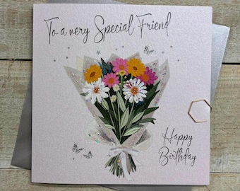 Special Friend handmade birthday card - cocktails, cake, flowers, heart, star - best friend, amazing, gorgeous, lovely, special