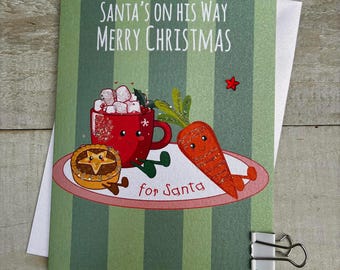 Cute Character Christmas Card - Doodlebugs, cute food, mince pie, figgy pud, tea bag, sprout, candy cane, carrot, hot choc, football