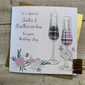 Carte faite main de mariage de belle-soeur et de beau-frère - carte spéciale de mariage - flûtes, couple, chapeau, chaussures, bouquet, coeurs