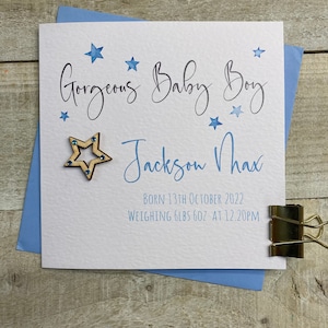 Nieuwe Baby jongen - nieuwe zoon, nieuwe kleinzoon kaart, nieuwe grootouders, bedankt voor mijn kleinzoon - handgemaakte, gepersonaliseerde kaart - houten sterrenkaart