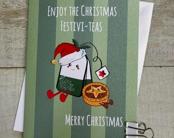 Cute Character Christmas Card - Doodlebugs, cute food, mince pie, figgy pud, tea bag, sprout, candy cane, carrot, hot choc, football