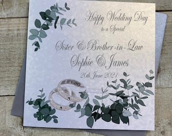 Personalised Sister, Brother Wedding Card Rings eucalyptus leaves  -granddaughter, grandson, daughter, son - Special Couple