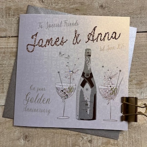 Tarjeta de aniversario dorada (50.o) de MARIDO - 25, 30, 40, 60 Texto y flautas de brillo escritos a mano. Abuelos, esposa, mamá y papá, amigos.