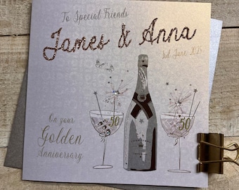 HUSBAND Golden (50th) Anniversary Card - 25, 30, 40, 60  Hand written Glitter wording and flutes.  Grandparents, wife, mum & dad, friends