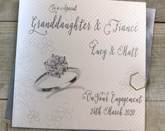 Granddaughter & Fiancé or Grandson and Fiancée Card - Engagement Ring Design personalised handmade card princess cut, teardrop, solitaire