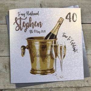 Tarjeta de cumpleaños con champán: hecha a mano para esposo, hijo, esposa, amiga, hija, mamá, papá, hermana, hermano, tía, tío, botella dorada, 40, 50,