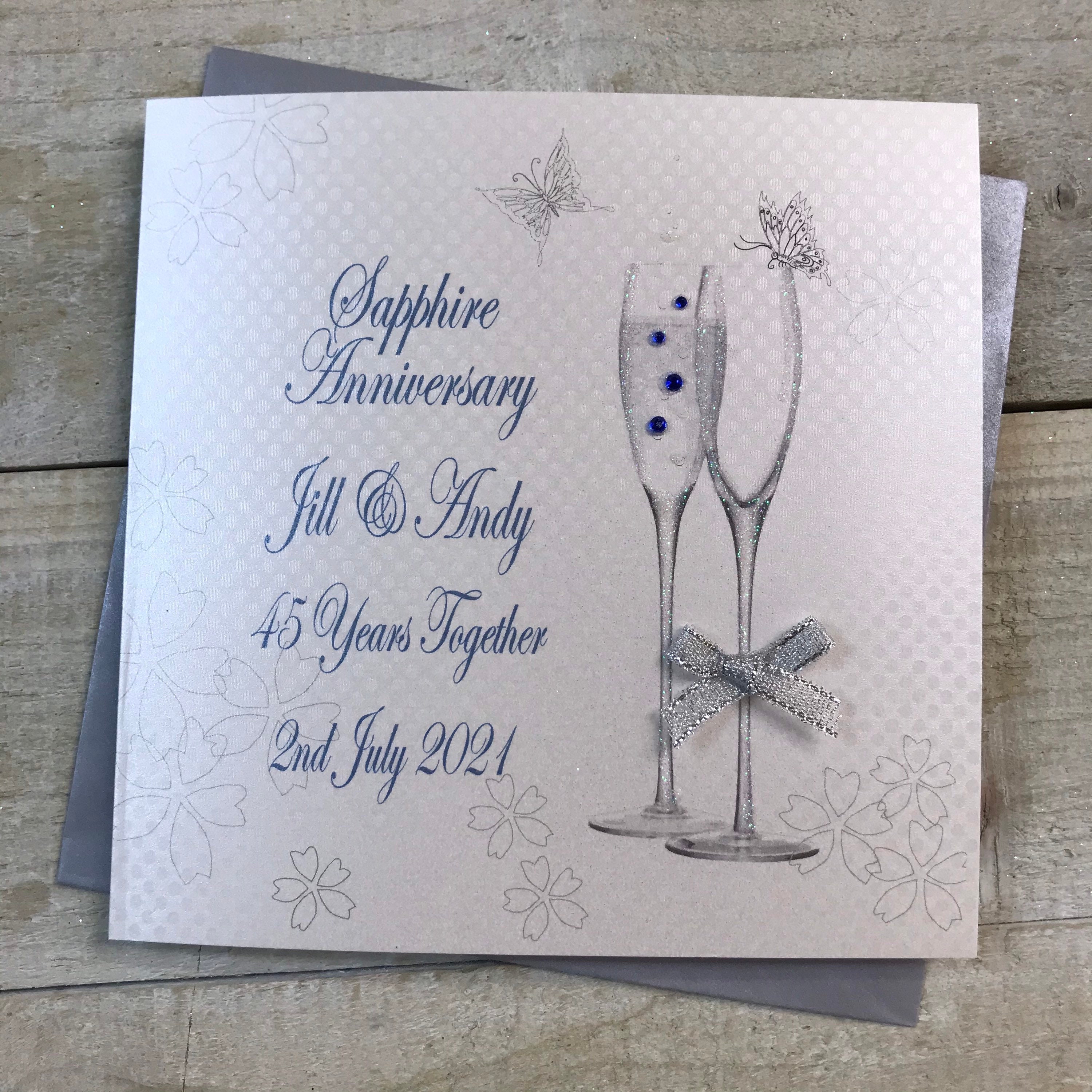 Personalised 45th Sapphire Anniversary Card - Flutes/ Love Birds Design ...