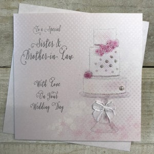 Carte faite main de mariage de belle-soeur et de beau-frère - carte spéciale de mariage - flûtes, couple, chapeau, chaussures, bouquet, coeurs