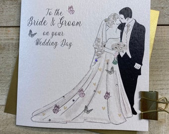 Wedding Handmade Card - special wedding card - flutes, couple, Vintage car, flowers, stunning bespoke card