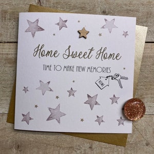 Carte New Home faite à la main - Maison, étoiles, lampe, clés. plantes, fille fils maman papa soeur frère soeur amis spéciaux