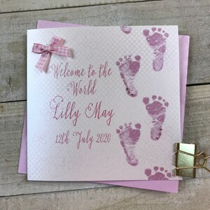 Tarjeta de nuevo bebé personalizada / tarjeta de día de nomenclatura - rosa o azul bebé pies diseño PPS80/35/36 - nuevo hermoso bebé o tarjeta del día de nomenclatura