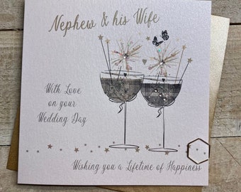 Nephew or Niece Wedding Handmade Card - special wedding card - flutes, couple, hat,shoes, bouquet