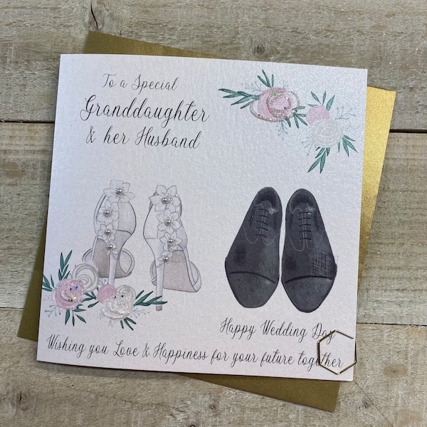 Granddaughter and her Husband / Grandson in law Wedding Handmade Card - special wedding card - flutes, couple, hat,shoes, bouquet, hearts