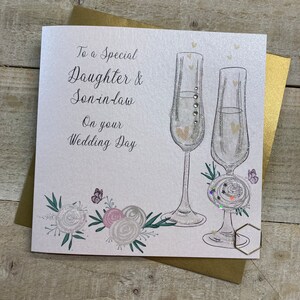 Tochter und Sohn -Schwiegerhochzeit Handgemachte Karte - besondere Hochzeitskarte - Flöten, Paar, Mütze, Schuhe, Strauß