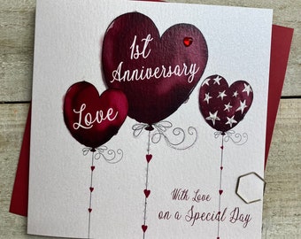 (1.) Jubiläumskarte aus Papier – rote Herzballons, erster Hochzeitstag für Ehemann, Ehefrau, Mutter und Vater, Freunde, Sohn, Tochter