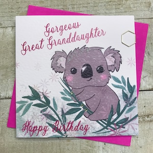 Cartão de aniversário de bisneta ou neta - Cartão especial feito à mão - Estrelas, preguiça, coala, bolo arco-íris, castelo de princesa, penas