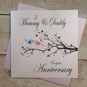 Biglietto per l'anniversario di mamma e papà - uccelli innamorati su un ramo Biglietto fatto a mano per genitori, mamma e papà