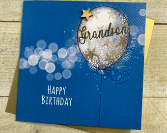 May include: A blue birthday card with the words "Happy Birthday" at the bottom. The card features a balloon design with the word "Grandson" inside. The balloon is filled with star shapes and a wooden star is attached to the top.