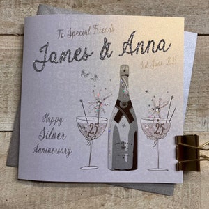 Tarjeta de aniversario de plata (25º) a medida: 25, 30, 40, 60 nombres escritos a mano con purpurina y gemas. Abuelos, esposa, mamá y papá, amigos.