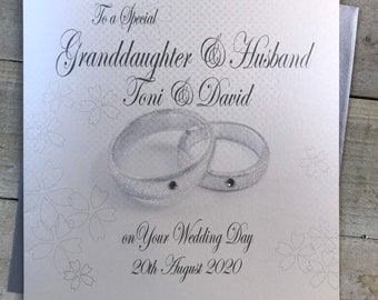 Granddaughter & her Husband Personalised  wedding Cards with glittery Rings design - Son, Daughter, sister, brother, grandson