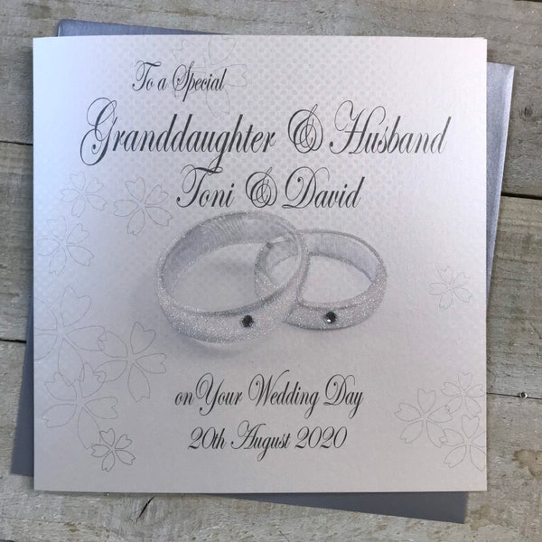 Granddaughter & her Husband Personalised  wedding Cards with glittery Rings design - Son, Daughter, sister, brother, grandson