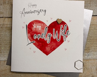 Tarjeta de aniversario para esposa hecha a mano: especial, personalizada, increíble, la mejor esposa: copas de champán, corazones, rosas rojas.