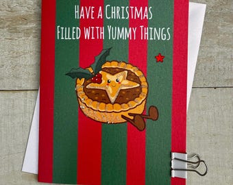 Cute Character Christmas Card - Doodlebugs, cute food, mince pie, figgy pud, tea bag, sprout, candy cane, carrot, hot choc, football