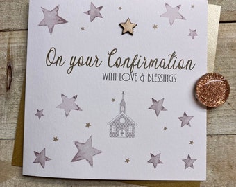 Confirmation Handmade Card - Silver Church or wooden stars for son, daughter, grandson, godson, granddaughter, goddaughter, niece