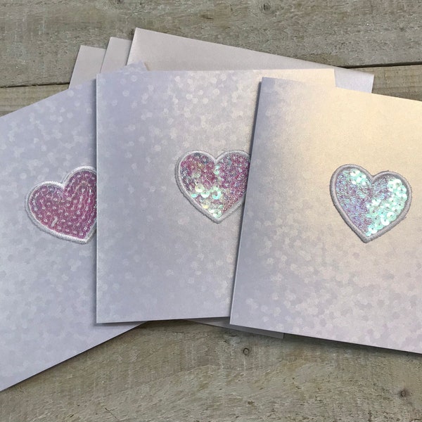 Plain Note Cards - sewn heart  - PACK OF 3 cards & envelopes -Note-lets for someone special. Embroidered patch thank you cards