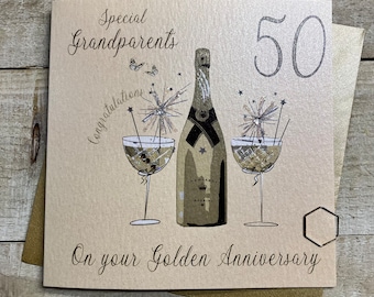 Golden 50th Anniversary Handmade Card Glitter Heart Design or Champagne coupe glasses Grandparents, wife, husband, mum & dad, mom - BESPOKE