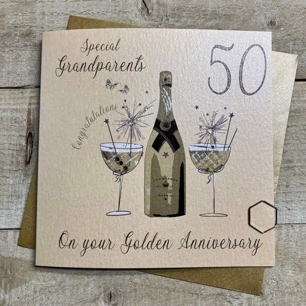 Carte faite main dorée 50e anniversaire avec coeur pailleté ou verres coupe champagne Grands-parents, épouse, mari, maman et papa, maman - SUR MESURE