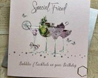 Special Friend handmade birthday card - cocktails, cake, flowers, heart, star - best friend, amazing, gorgeous, lovely, special