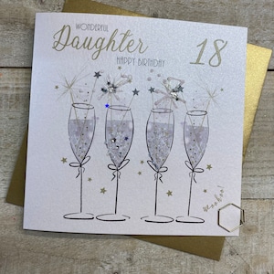Belle carte d’anniversaire faite à la main avec coupe de champagne, 18, 21, 30, 40, 50 ans - Feuille et paillettes à la main avec des diamontes