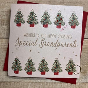 Bisabuelos especiales, mamá, abuela y papá, abuela, abuelo, tarjeta navideña especial con corazones colgantes, pingüinos, corona - tarjeta hecha a mano