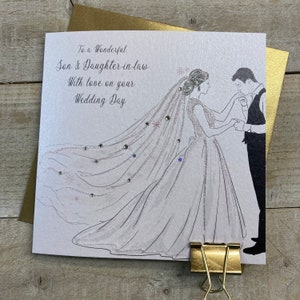 Fils et belle-fille Carte de mariage faite à la main - carte de mariage spéciale - flûtes, couple, chapeau, chaussures, bouquet