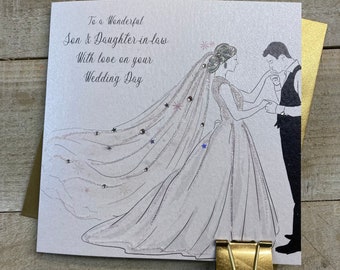 Son and Daughter-in-law Wedding Handmade Card - special wedding card - flutes, couple, hat,shoes, bouquet