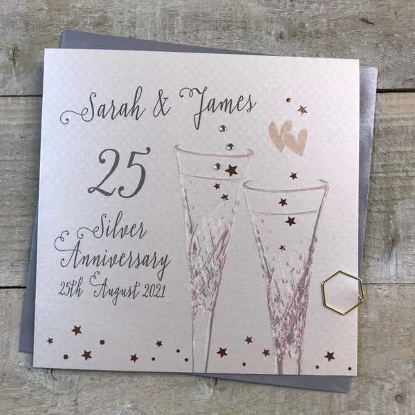 Personalised 25th Silver Anniversary Card - Flutes Design Husband, Wife special friends, mum & dad, grandparents, nan, nana, granny, grandma